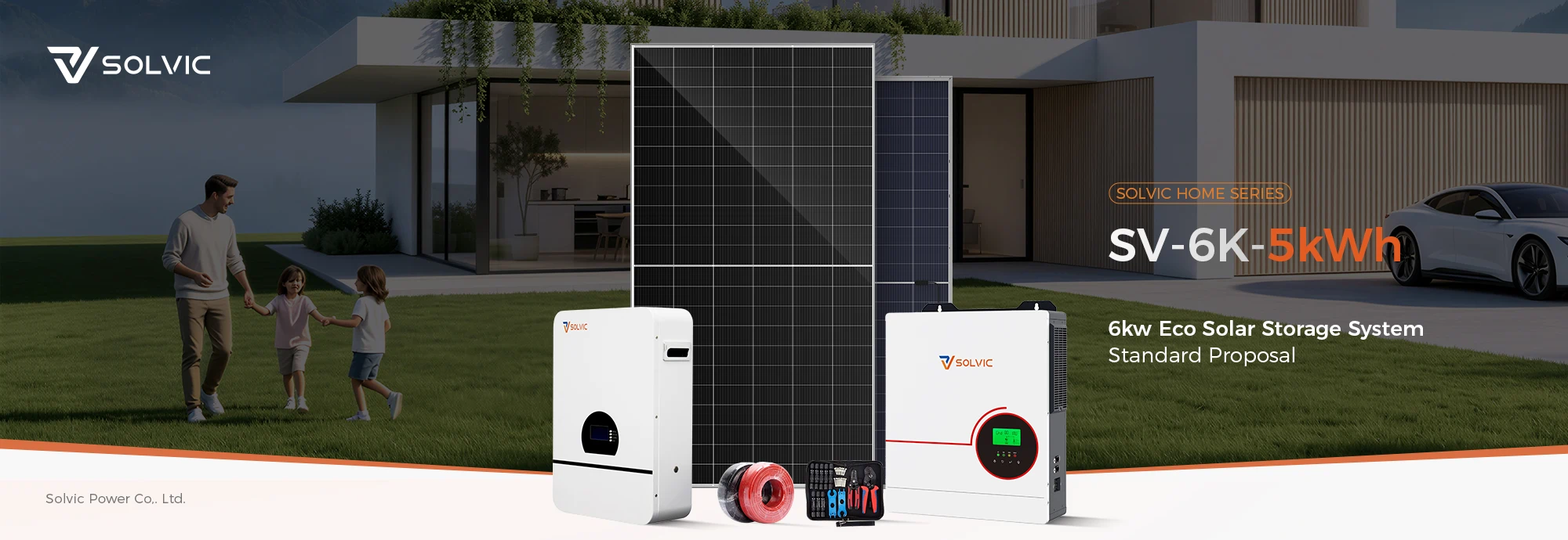 Solvic 6kW home solar storage system poster – US residential house with rooftop solar panels, wall-mounted hybrid inverter and battery, providing 110V clean backup power for North American households